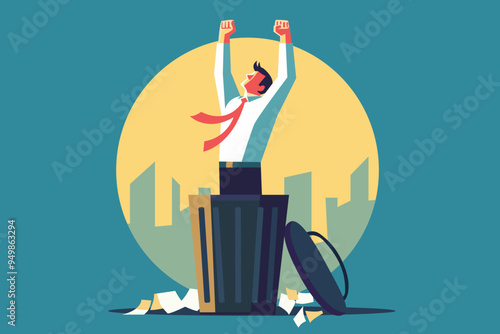 freedom concept. business goal solution. happy success businessman. come out from trash bin. positive vibe victory ,  freedom , new beginning 