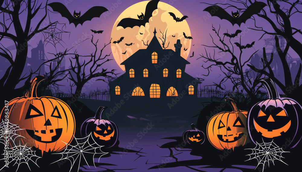 Fototapeta premium Haunted Mansion, Jack-o'-Lanterns, and Bats Under a Full Moon