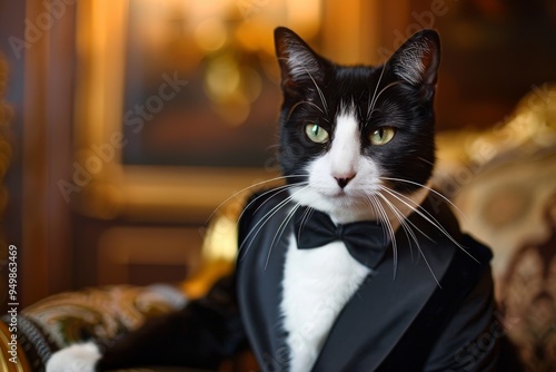 A black and white cat elegantly dressed in a tuxedo, showcasing a charming and sophisticated appearance, A dapper tuxedo cat posing for a portrait, AI generated