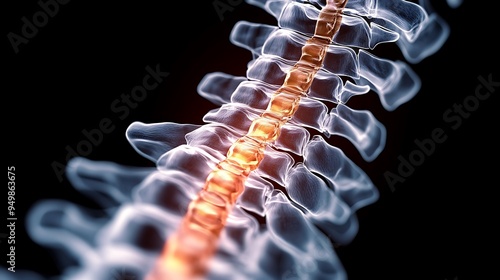 A close-up of a human spine with a highlighted section, representing pain or injury. photo