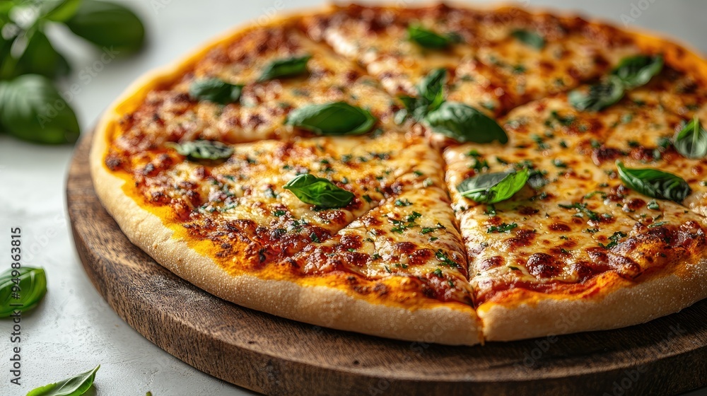 Classic Italian pizza with melted cheese and basil on a white background Classic Italian pizza with melted cheese and basil on a white background