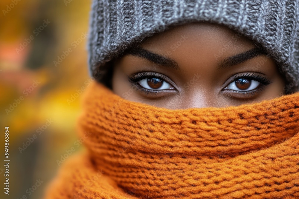 Captivating eyes of young woman in autumn attire Captivating eyes of young woman in autumn attire