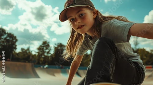 photo of a young skater girl at a park, summer photo