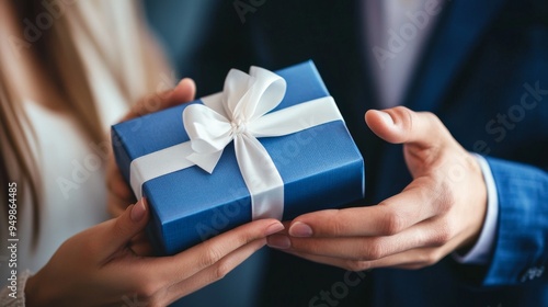 Photograph of a cropped anonymous couple holding a small gift box wrapped in white ribbon over a blurred background