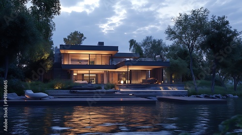 Fototapeta Naklejka Na Ścianę i Meble -  Modern house with wooden deck and pool overlooking a lake at dusk.