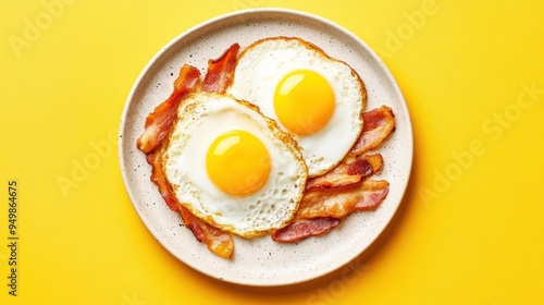 Breakfast plate with sunny side up eggs crispy bacon on yellow background