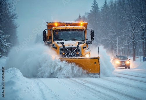 Snowplow truck clearing snow-covered road during winter, ensuring safe driving and transportation in challenging snow conditions