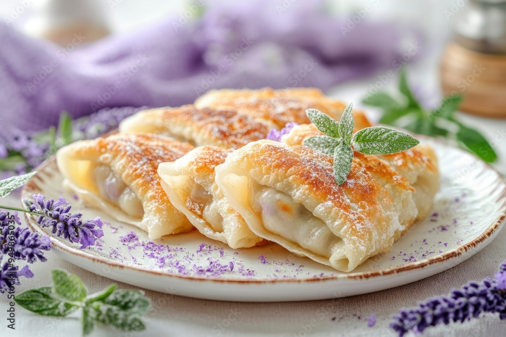 Crispy Fried Pastries with Lavender Garnish on a White Plate Crispy Fried Pastries with Lavender Garnish on a White Plate