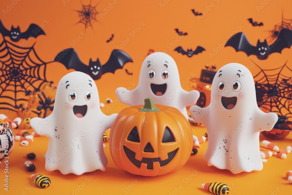Three Happy Ghosts and a Jack-o'-Lantern Pumpkin on an Orange Background Three Happy Ghosts and a Jack-o'-Lantern Pumpkin on an Orange Background