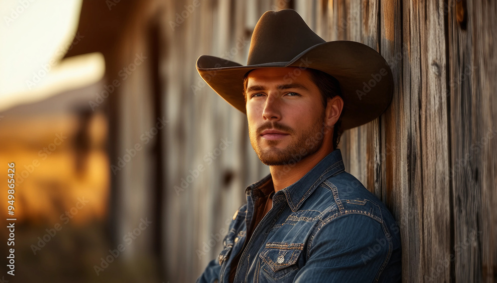 A confident cowboy leans against a rustic building, blending country charm with modern urban style. A confident cowboy leans against a rustic building, blending country charm with modern urban style.