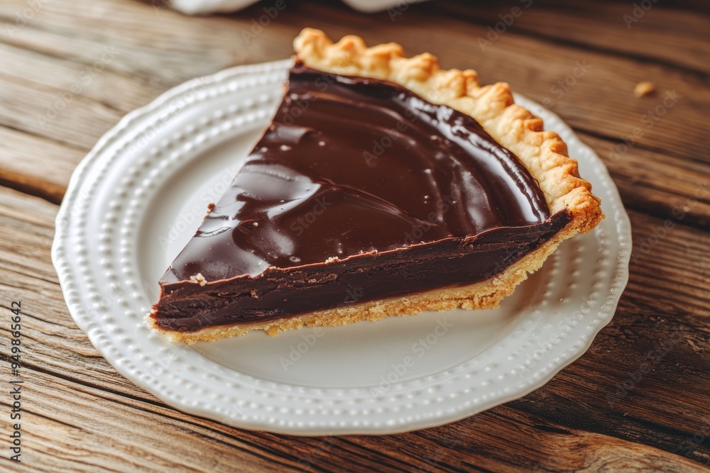 Chocolate tart slice on rustic wooden background Chocolate tart slice on rustic wooden background