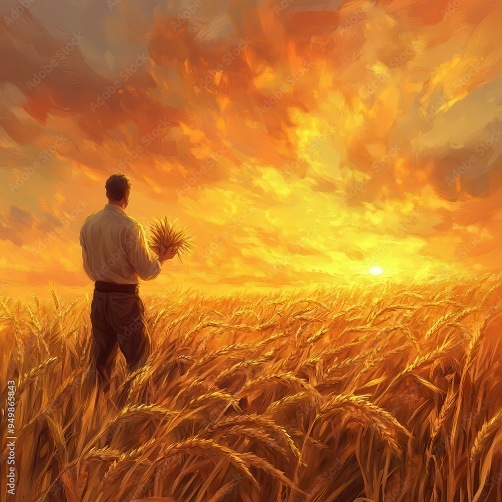 Fototapeta premium Farmer in a Wheat Field: A farmer standing in a golden wheat field, holding a handful of freshly harvested wheat stalks. The sun is setting in the background, casting a warm, golden glow over the scen