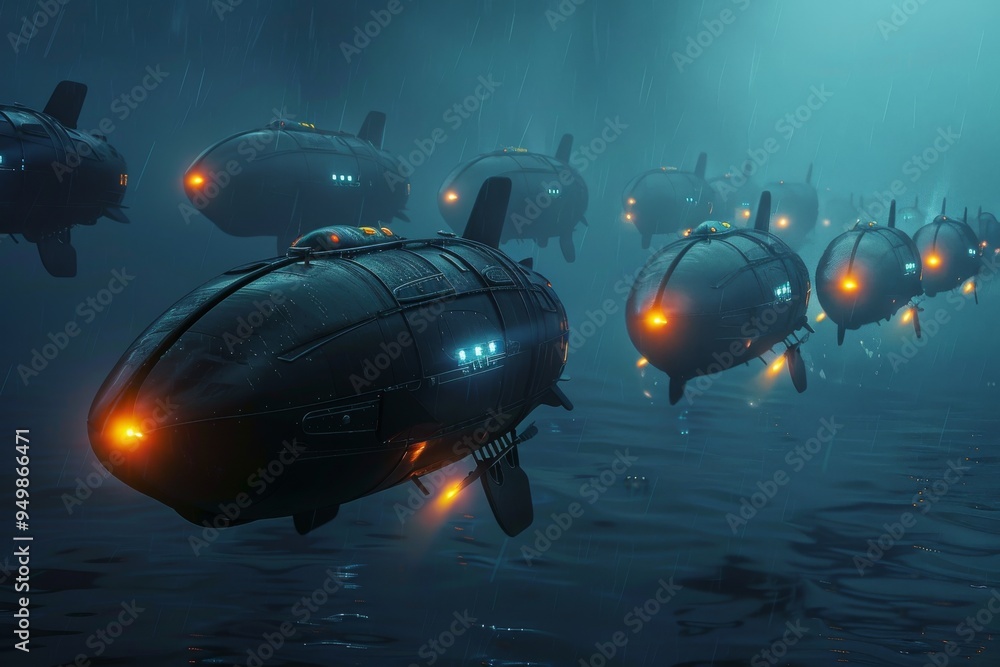 A fleet of submarines navigates through the deep blue ocean, showcasing their sleek designs and military prowess, A fleet of autonomous submarines patrolling the ocean depths, Ai generated A fleet of submarines navigates through the deep blue ocean, showcasing their sleek designs and military prowess, A fleet of autonomous submarines patrolling the ocean depths, Ai generated