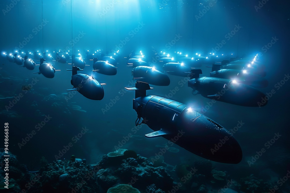 Fototapeta premium A fleet of submarines navigates through the deep blue ocean, showcasing their sleek designs and military prowess, A fleet of autonomous submarines patrolling the ocean depths, Ai generated