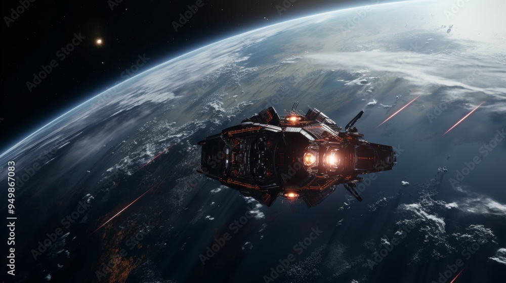Futuristic Spaceship Orbiting Earth in Space Futuristic Spaceship Orbiting Earth in Space