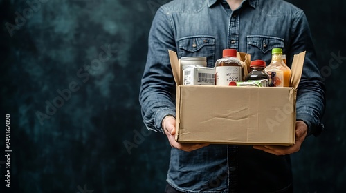 Man holding a box full of various food items, including canned goods, bottled liquids, and packaged food.