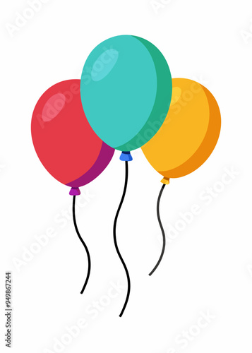 Three colorful balloons float in the air against a white background