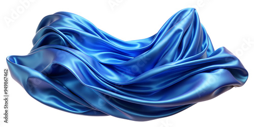 Flowing blue silk fabric draped elegantly with soft folds and sheen, cut out transparent