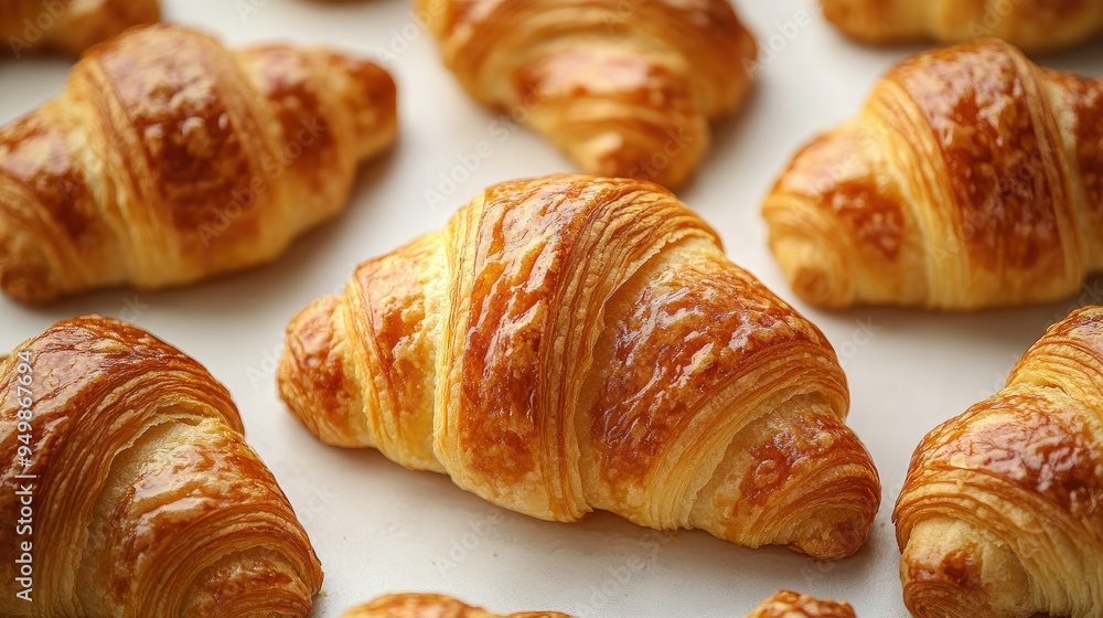 Freshly baked croissants with golden layers against a clean white backdrop Freshly baked croissants with golden layers against a clean white backdrop