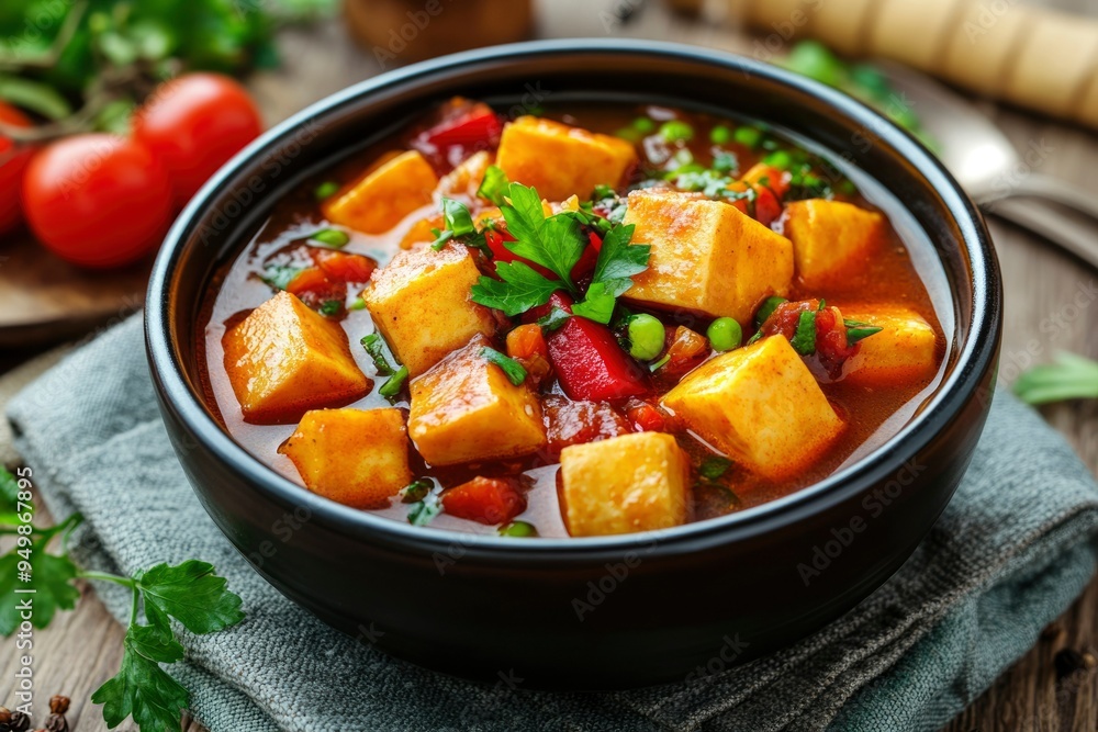 A Bowl of Indian Paneer Curry with Vegetables and Parsley Garnish A Bowl of Indian Paneer Curry with Vegetables and Parsley Garnish