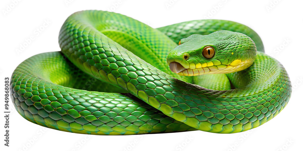 Fototapeta premium Green snake resting in coiled position, cut out transparent