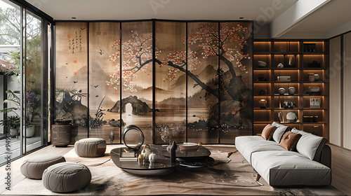  A large oriental wall painting adorns the living room, adding a touch of elegance and cultural richness to the space.