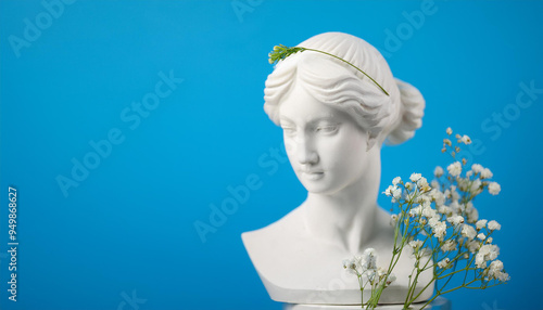 White marble bust of woman with flowers. Plaster antique sculpture. Close-up. photo