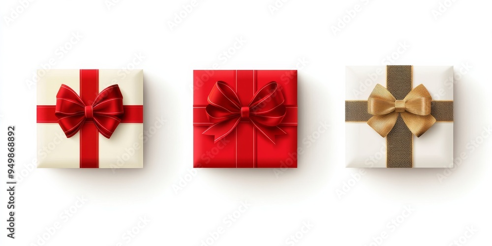Three gift boxes with colorful ribbons lying on white background Three gift boxes with colorful ribbons lying on white background