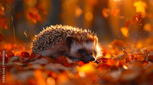 A hedgehog curled up in a bed of autumn leaves, basking in the warm glow of the setting sun. photo