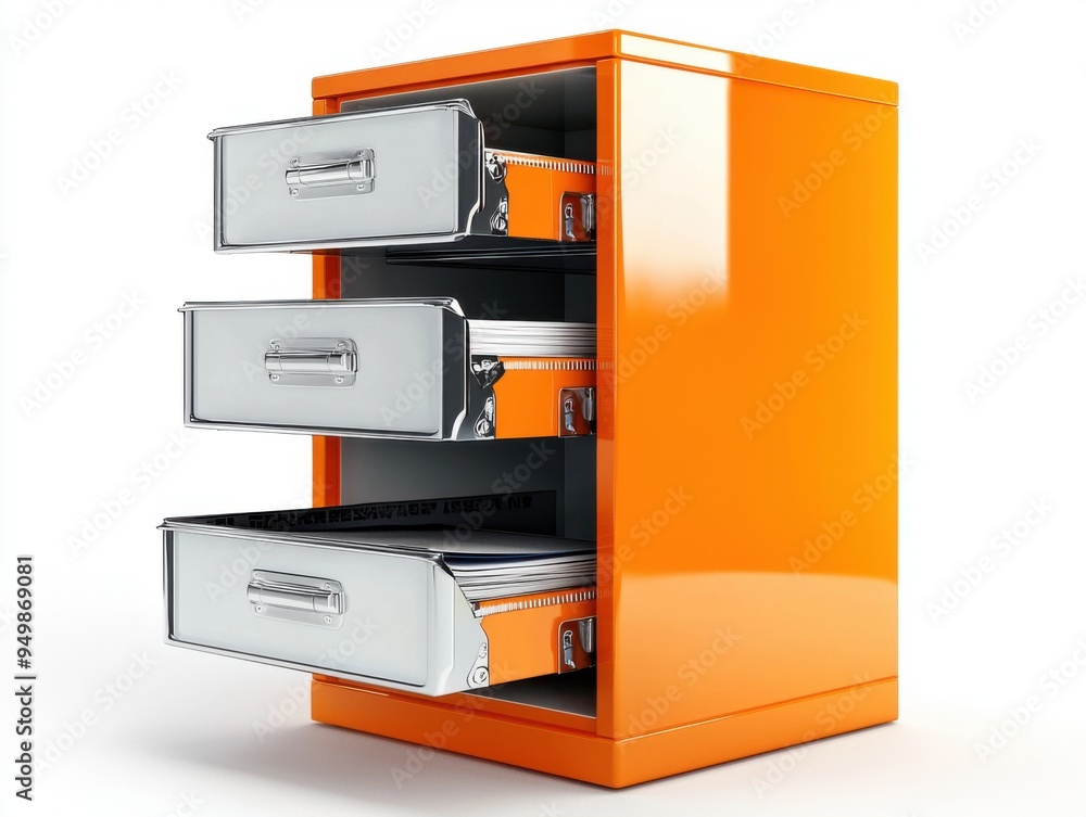 A vibrant orange filing cabinet with three drawers ajar, revealing organized documents within, against a clean white backdrop. A vibrant orange filing cabinet with three drawers ajar, revealing organized documents within, against a clean white backdrop.