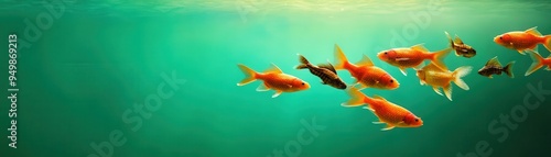 School of fish swimming against the current in a crystal-clear stream, illustrating collective movement, biology, aquatic life