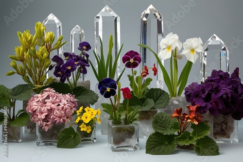 Breathtaking Floral Display of Tigirdia Tropaeolum majus Viola tricolor and Vinca difformis Against Crystal Backdrops photo