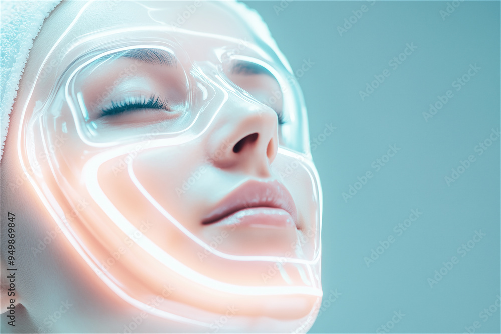 Woman enjoying a led light therapy session for skin rejuvenation and enhanced beauty in a tranquil spa environment, with her eyes closed in relaxation. Ai technology in beauty industry Woman enjoying a led light therapy session for skin rejuvenation and enhanced beauty in a tranquil spa environment, with her eyes closed in relaxation. Ai technology in beauty industry