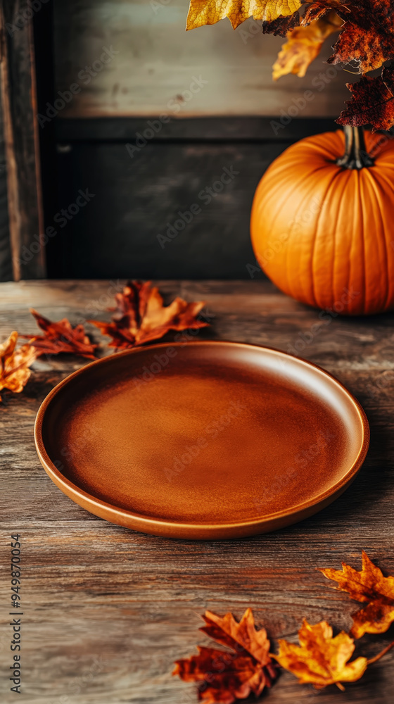 Thanksgiving vibes. Rich brown clay plate with pumpkins and fall leaves. Halloween craft. Top view. Generative AI Thanksgiving vibes. Rich brown clay plate with pumpkins and fall leaves. Halloween craft. Top view. Generative AI