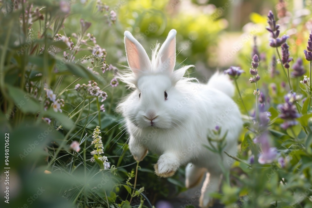 Fototapeta premium A white rabbit stands amidst a garden, surrounded by a delightful assortment of blooming flowers, enhancing the natural beauty, A fluffy white bunny hopping through a garden, AI generated