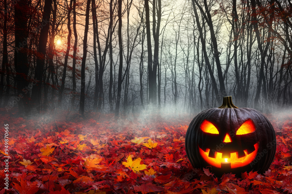 Glowing Jack-o'-lantern in a Foggy Autumn Forest Glowing Jack-o'-lantern in a Foggy Autumn Forest