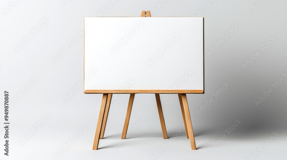 Blank Canvas on Easel: A pristine white canvas on a wooden easel, set against a minimalist gray backdrop, awaits the artist's touch. Blank Canvas on Easel: A pristine white canvas on a wooden easel, set against a minimalist gray backdrop, awaits the artist's touch.