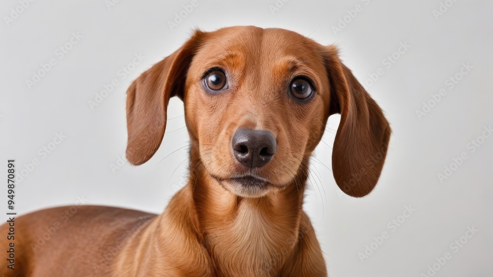 Portrait of Red smooth haired dachshund dog on grey background Portrait of Red smooth haired dachshund dog on grey background