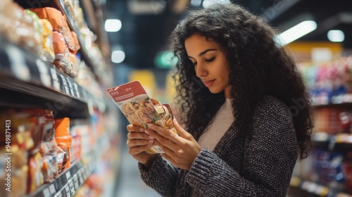 Woman Reading Food Label in Supermarket Aisle
 photo