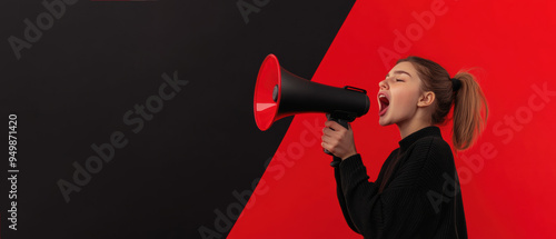 Woman shouting into megaphone with red and black background
 photo