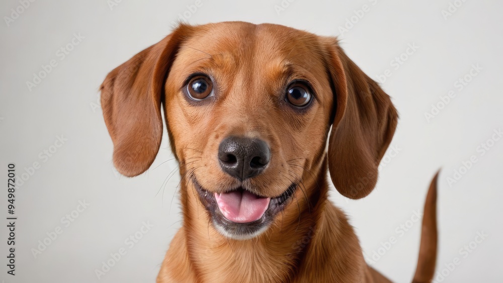 Portrait of Red smooth haired dachshund dog on grey background Portrait of Red smooth haired dachshund dog on grey background