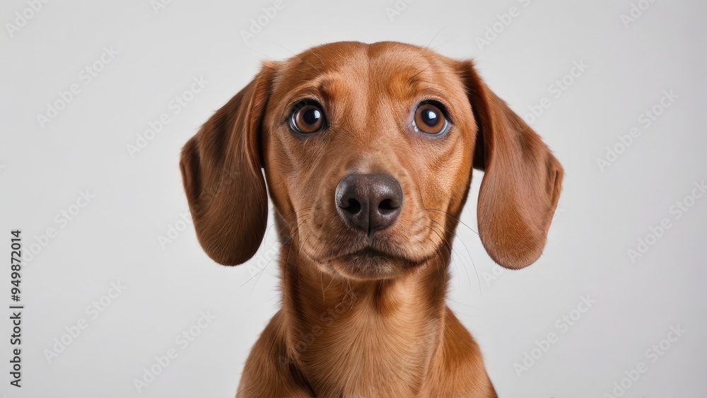 Portrait of Red smooth haired dachshund dog on grey background Portrait of Red smooth haired dachshund dog on grey background