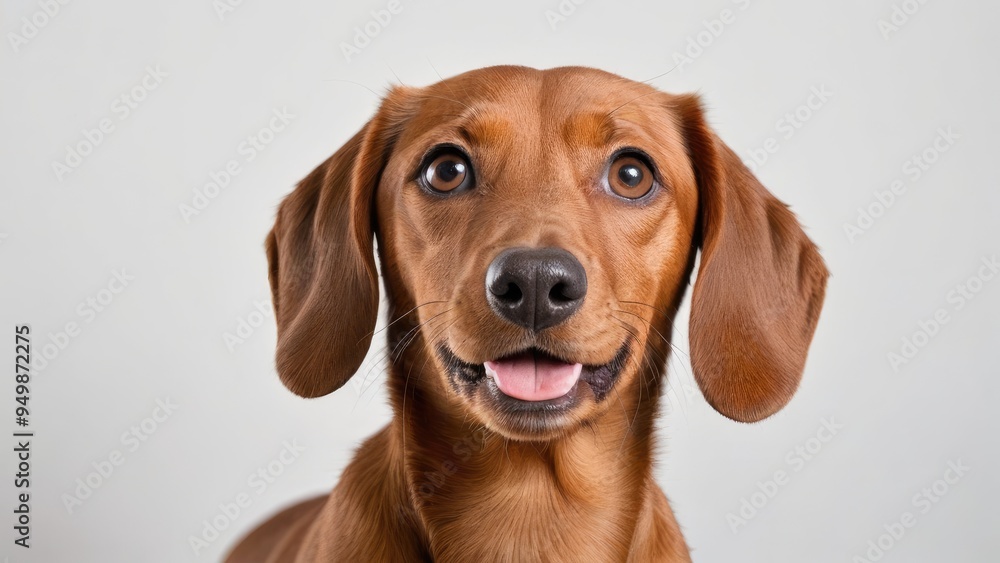 Portrait of Red smooth haired dachshund dog on grey background Portrait of Red smooth haired dachshund dog on grey background