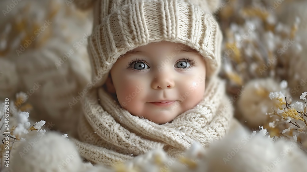 Adorable baby in a knitted hat and scarf, looking at the camera with big blue eyes. Adorable baby in a knitted hat and scarf, looking at the camera with big blue eyes.
