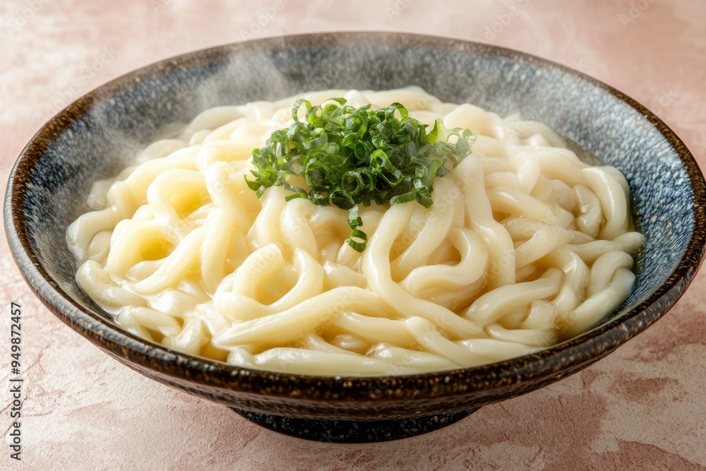 Steaming Bowl of Udon Noodles with Green Onions Steaming Bowl of Udon Noodles with Green Onions