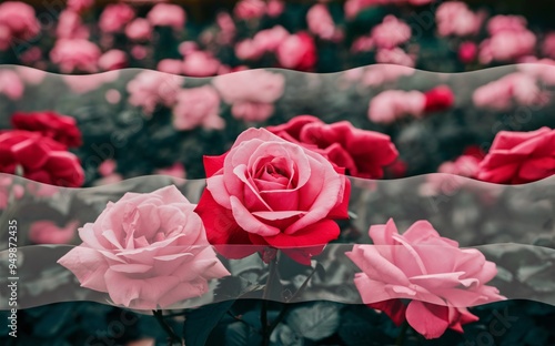 Soft Focus Blooming Rose Garden with Foreground Roses in Sharp Detail