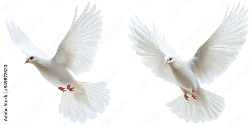Obraz premium Two elegant white doves in flight, symbolizing peace and freedom against a transparent background.
