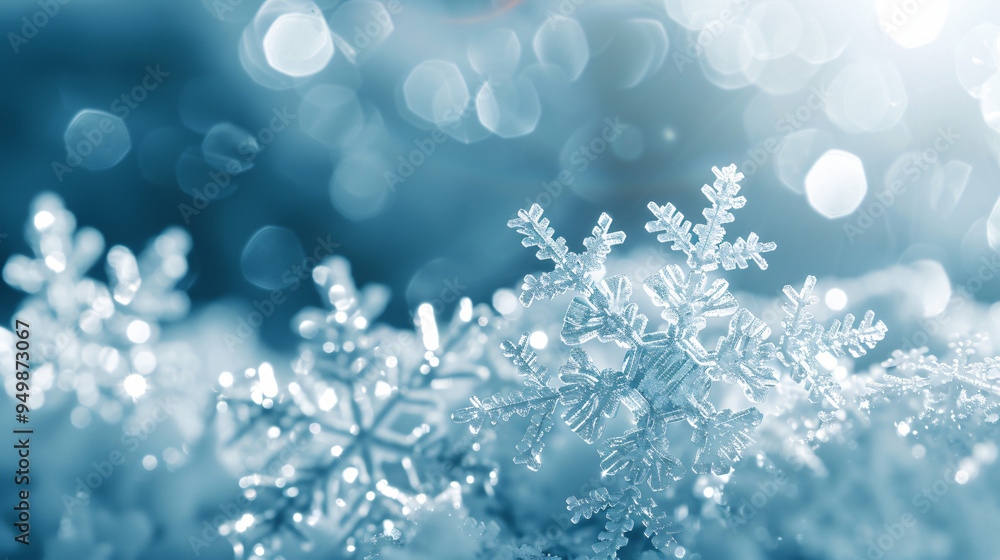 Stunning snowflakes shining on a snowy backdrop with a blue bokeh background in close-up Stunning snowflakes shining on a snowy backdrop with a blue bokeh background in close-up