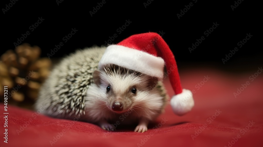 Funny hedgehog in a Santa Claus hat. Merry Christmas poster with a hedgehog wearing a red Santa hat. New Year's poster with a hedgehog portrait. Christmas and New Year photo, poster, print. Funny hedgehog in a Santa Claus hat. Merry Christmas poster with a hedgehog wearing a red Santa hat. New Year's poster with a hedgehog portrait. Christmas and New Year photo, poster, print.