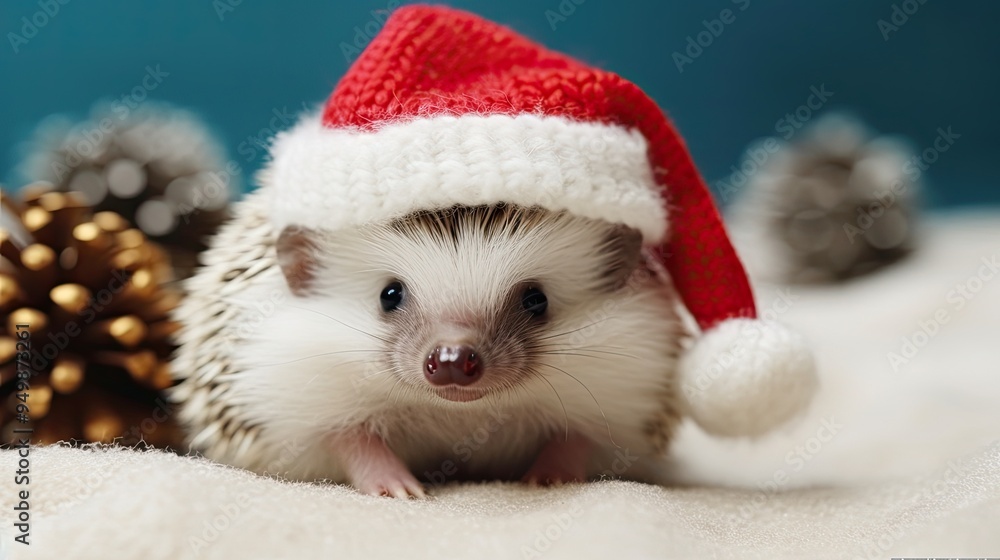 Funny hedgehog in a Santa Claus hat. Merry Christmas poster with a hedgehog wearing a red Santa hat. New Year's poster with a hedgehog portrait. Christmas and New Year photo, poster, print. Funny hedgehog in a Santa Claus hat. Merry Christmas poster with a hedgehog wearing a red Santa hat. New Year's poster with a hedgehog portrait. Christmas and New Year photo, poster, print.